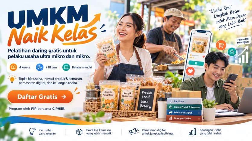 UMKM Naik Kelas — Pelatihan daring gratis untuk pelaku usaha ultra mikro dan mikro: dari ide, produk, pemasaran, hingga keuangan usaha. Program oleh Pusat Investasi Pemerintah (PIP) bersama CIPHER.